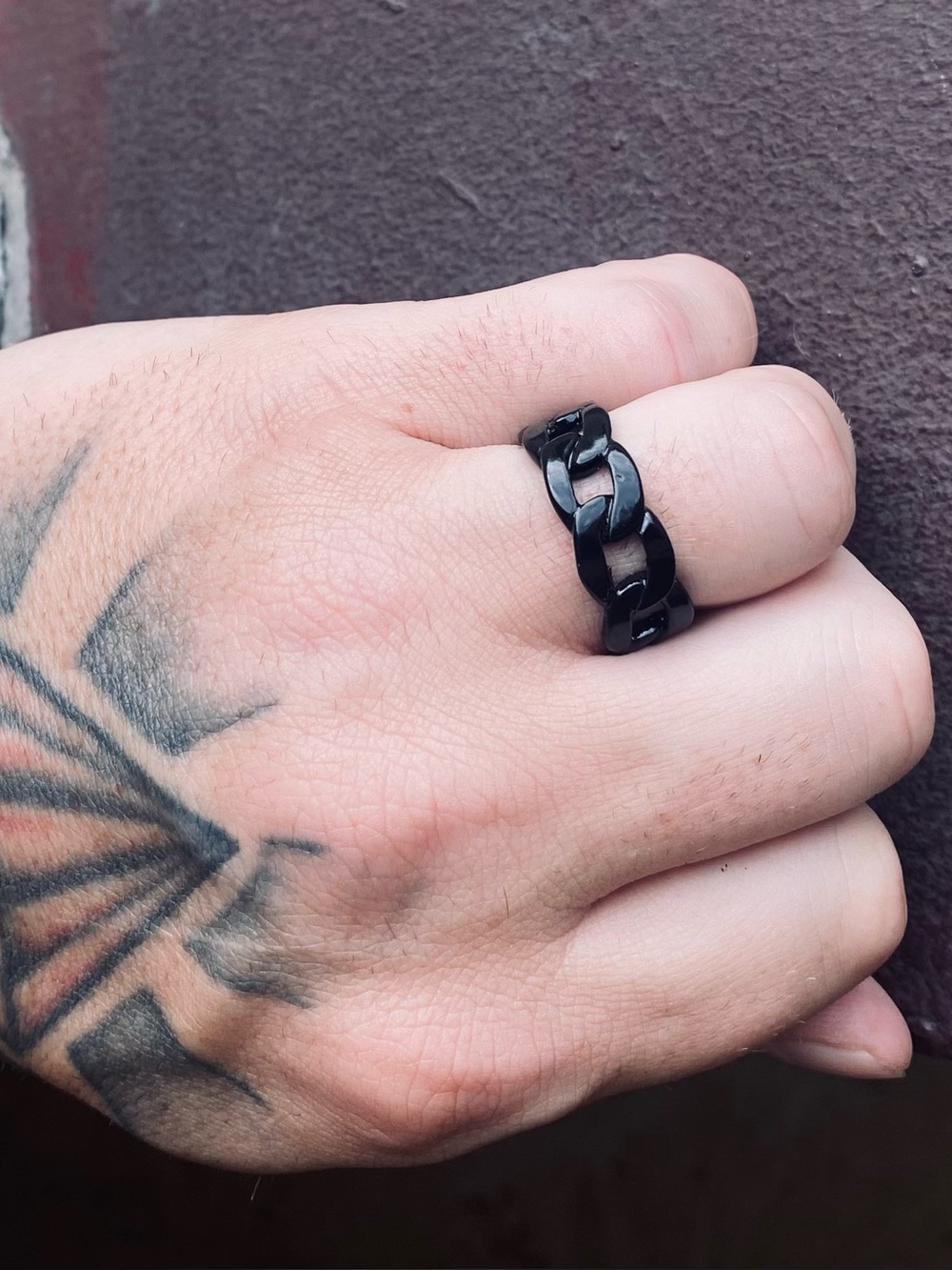 Cuban Black Chain Link Stainless Steel Ring Size 9.5